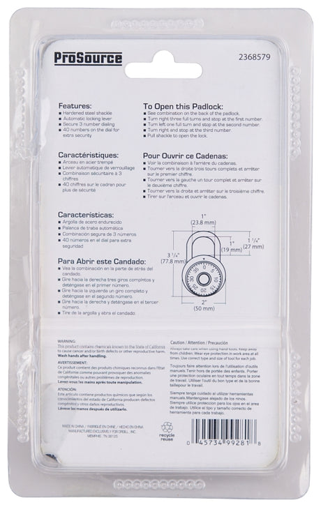 ProSource HD6147763-3L Padlock, Standard Shackle, 1/4 in Dia Shackle, 1-1/4 in H Shackle, Steel Shackle, Steel Body