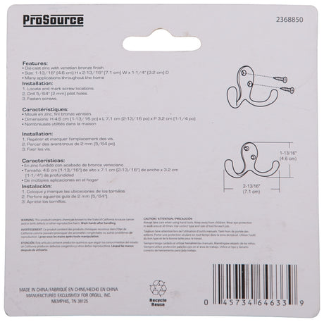 ProSource 23263VCB3L-PS Coat and Hat Hook, 22 lb, 2-Hook, 7/8 in Opening, Zinc, Venetian Bronze