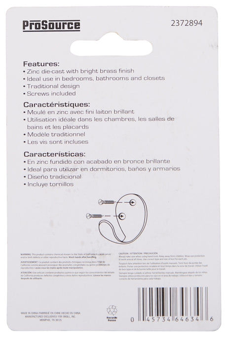 ProSource H63PB-PS Coat and Hat Hook, 22 lb, 1-Hook, 1-1/8 in Opening, Zinc, Brass
