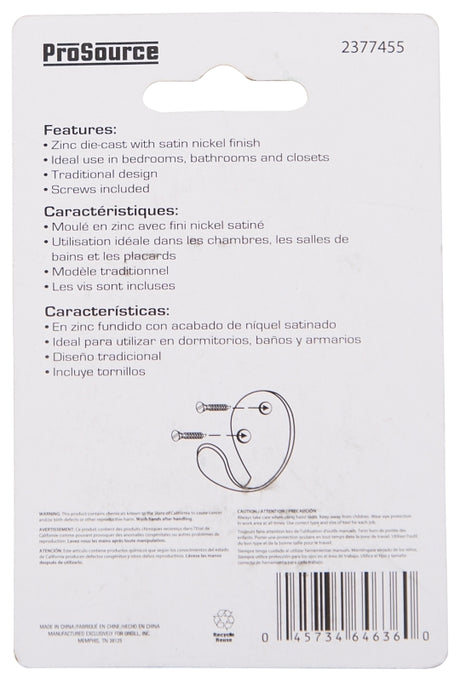 ProSource H63SN-PS Coat and Hat Hook, 22 lb, 1-Hook, 1-1/8 in Opening, Zinc, Satin Nickel