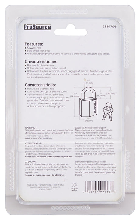 ProSource HD10020-3L Padlock, Standard Shackle, 1/8 in Dia Shackle, 3/4 in H Shackle, Steel Shackle, Brass Body