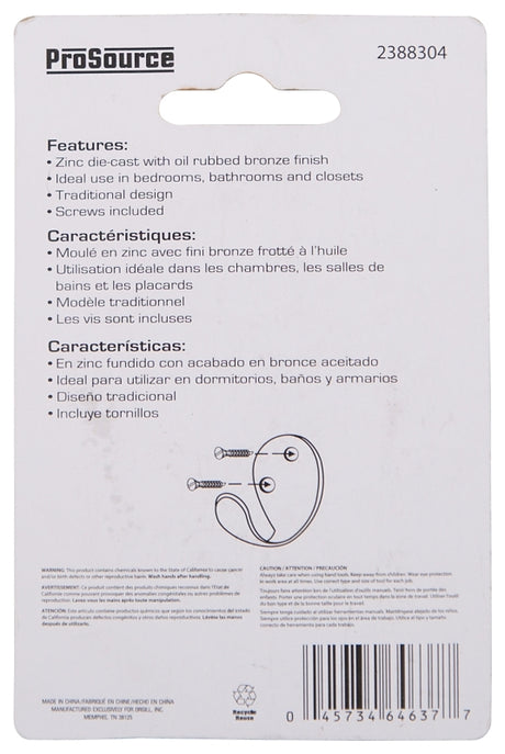 ProSource H63ORB-PS Coat and Hat Hook, 22 lb, 1-Hook, 1-1/8 in Opening, Zinc, Oil-Rubbed Bronze