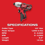 Milwaukee M12 1/4 in. Cordless Brushed Impact Driver Kit (Battery & Charger)