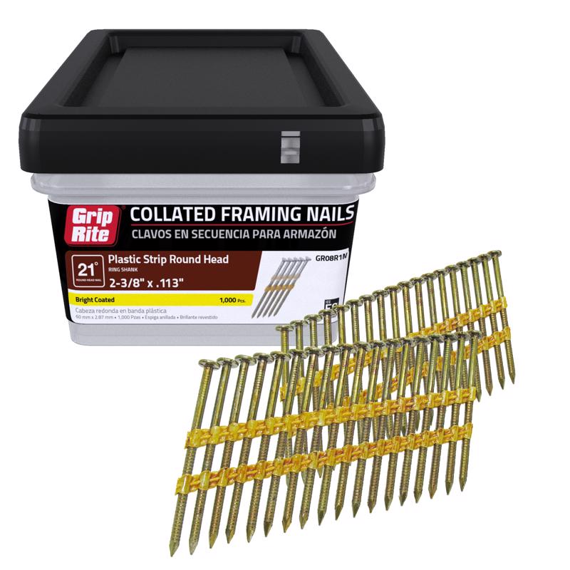 Grip-Rite 2-3/8 in. L X 12 Ga. Plastic Strip Bright Framing Nails 21 deg 1000 pk