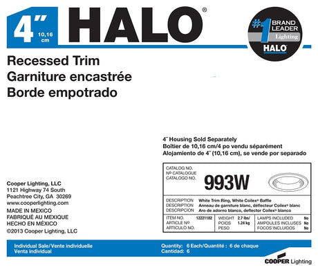 Halo Coilex 993W Baffle Trim Ring, Aluminum Body, White