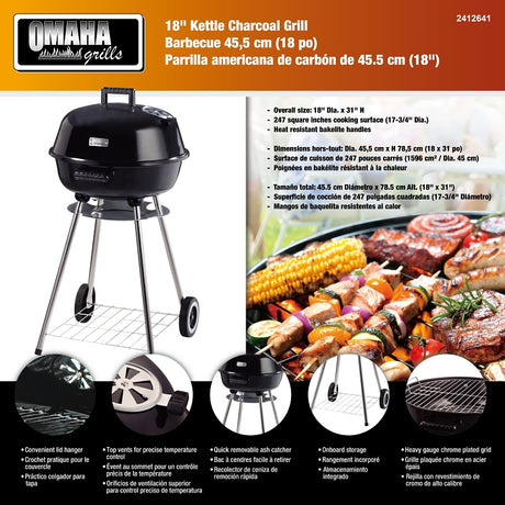 Omaha KY220188 Charcoal Kettle Grill, 2-Grate, 247 sq-in Primary Cooking Surface, Black, Steel Body