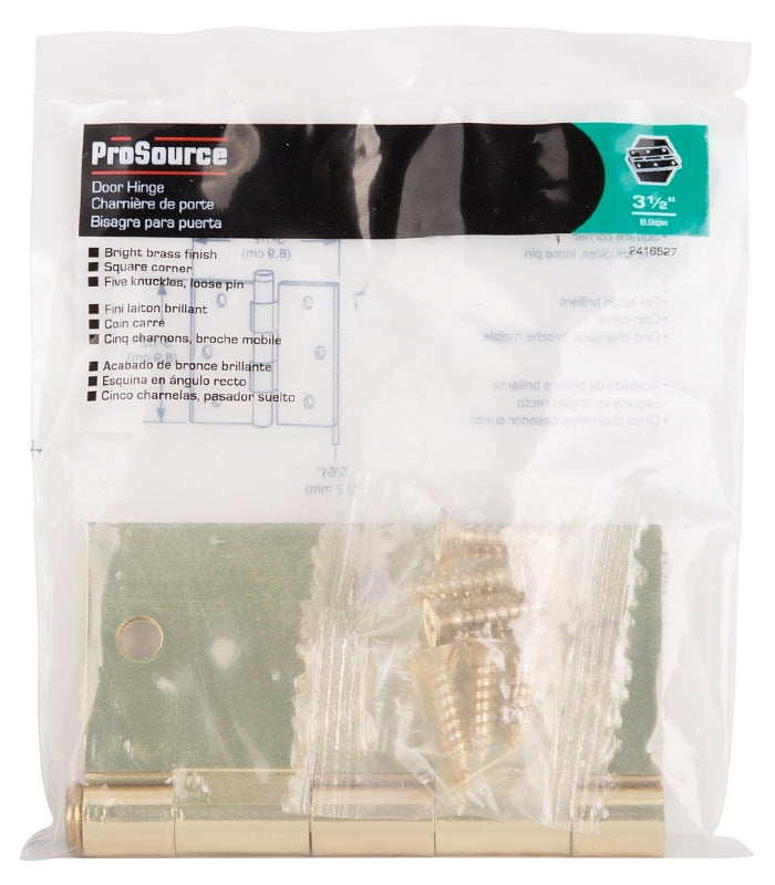 ProSource 20338BBX Square Corner Door Hinge, Steel, Polished Brass, Loose Pin, 180 deg Range of Motion