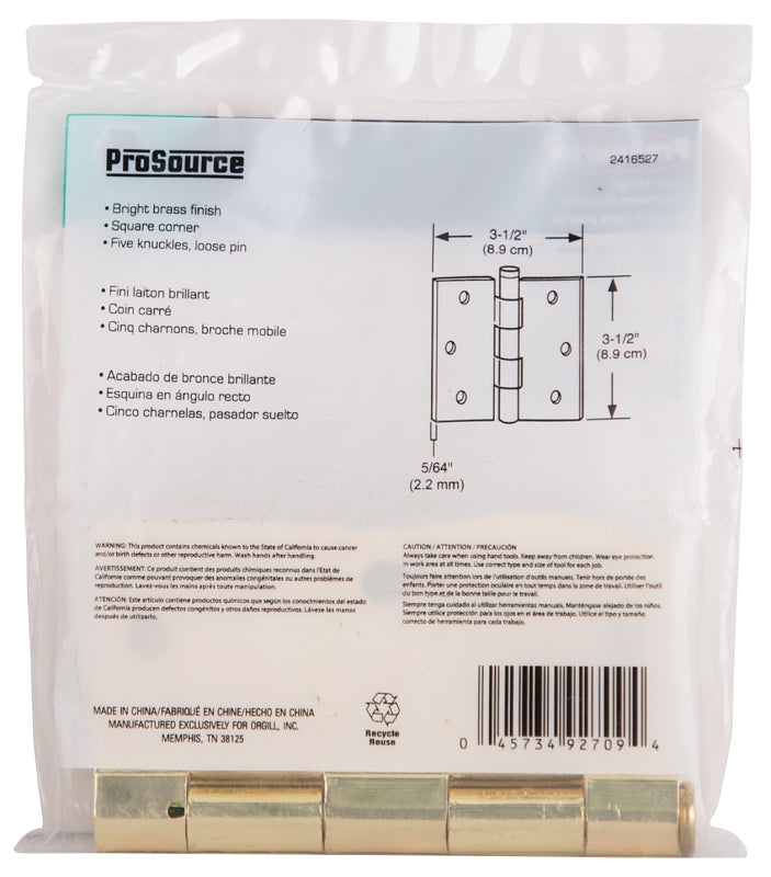 ProSource 20338BBX Square Corner Door Hinge, Steel, Polished Brass, Loose Pin, 180 deg Range of Motion
