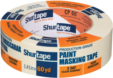 Shurtape CP 66 102803 Masking Tape, 60 yd L, 1.41 in W, 5.2 mil Thick, Crepe Paper Backing, Natural