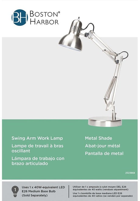 Boston Harbor WK-618E-3L Swing Arm Work Lamp, 120 V, 60 W, 1-Lamp, A19 or CFL Lamp, Brushed Nickel Finish