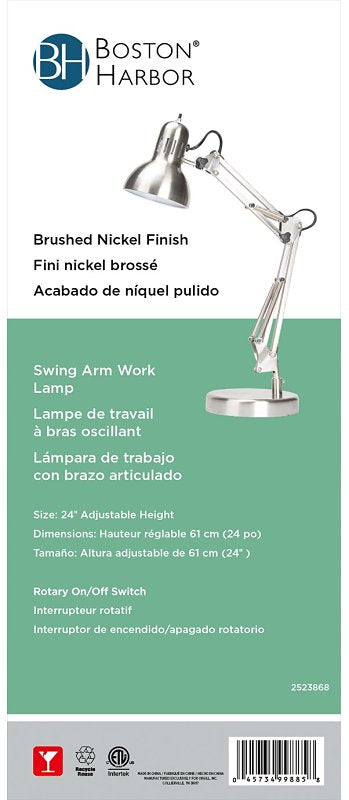 Boston Harbor WK-618E-3L Swing Arm Work Lamp, 120 V, 60 W, 1-Lamp, A19 or CFL Lamp, Brushed Nickel Finish