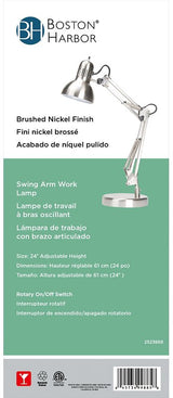 Boston Harbor WK-618E-3L Swing Arm Work Lamp, 120 V, 60 W, 1-Lamp, A19 or CFL Lamp, Brushed Nickel Finish