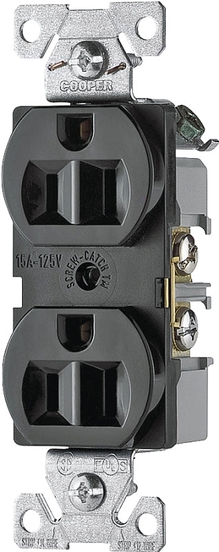 Eaton Wiring Devices BR15BK Duplex Receptacle, Nylon, Black, 2-Pole, 15 A, 125 V, Back, Side Wiring, NEMA: 5-15R