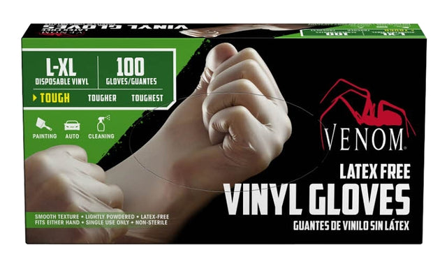 Venom Steel VEN4135 Non-Sterile Disposable Gloves, L/XL, Vinyl, Clear, 9 in L, Pack of 10