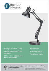 Boston Harbor TL-WK-134E-BK-3L Swing Arm Work Lamp, 120 V, 60 W, 1-Lamp, A19 or CFL Lamp, Black