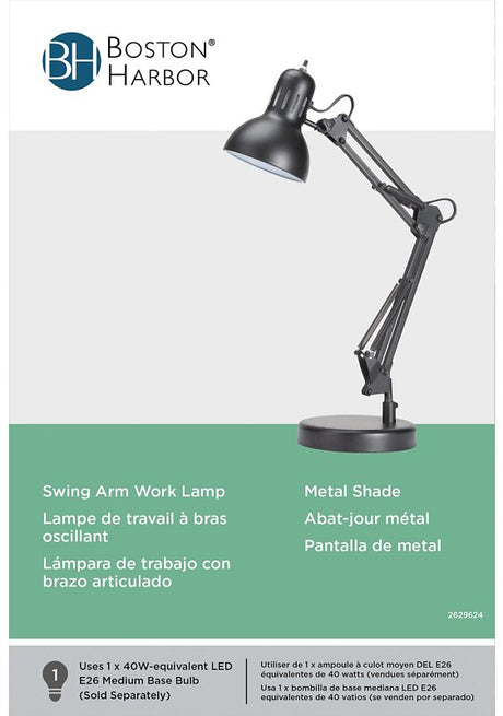 Boston Harbor TL-WK-134E-BK-3L Swing Arm Work Lamp, 120 V, 60 W, 1-Lamp, A19 or CFL Lamp, Black