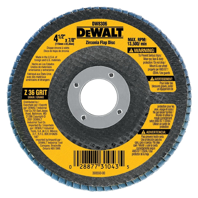 DEWALT DW8311 Flap Disc, 4-1/2 in Dia, 5/8-11 Arbor, Coated, 40 Grit, Coarse, Zirconium Oxide Abrasive