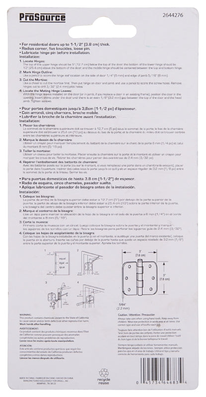 ProSource BH-BR01-PS Door Hinge, Steel, Satin Brass, Loose Pin, 180 deg Range of Motion, Screw Mounting