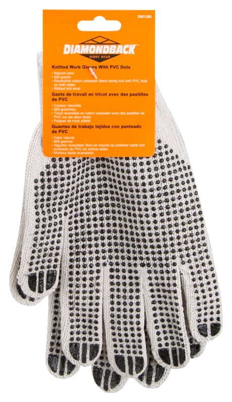 Diamondback FO809PVD2 Knitted Work Gloves with PVC Dots, One-Size, Ribbed Knit Wrist, 60% Cotton 40% Polyester, Natural White