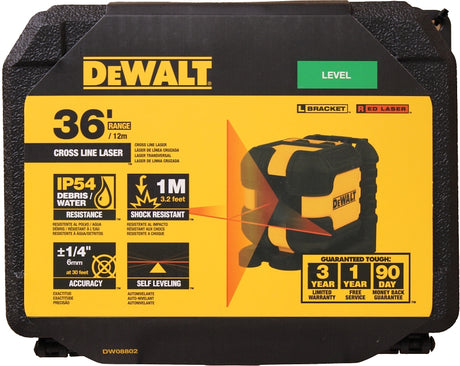 DEWALT DW08802-QU Cross Line Laser Level, 40 ft, 1/4 in Accuracy, 2-Beam, Red Laser