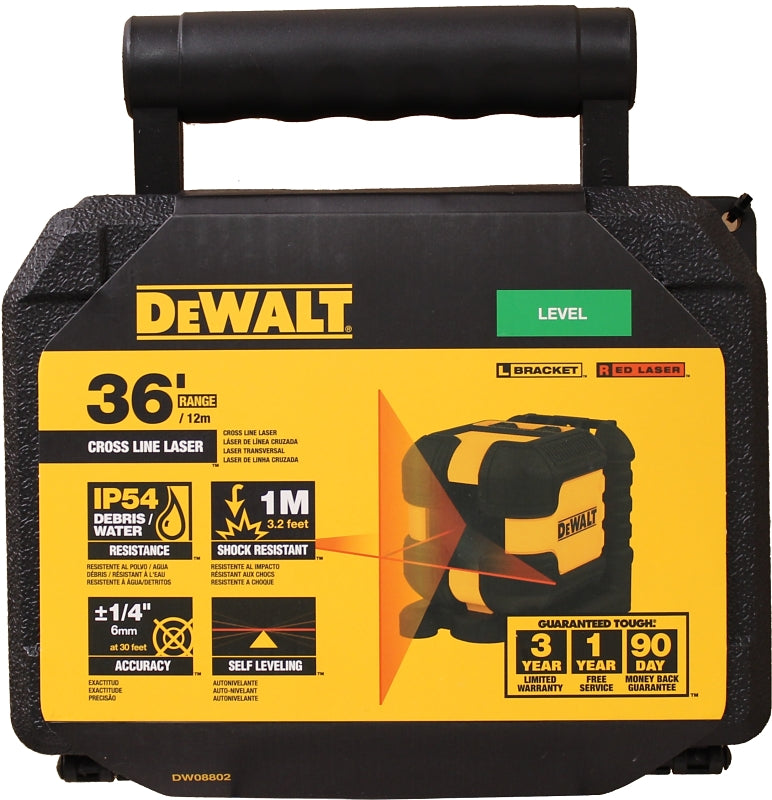DEWALT DW08802-QU Cross Line Laser Level, 40 ft, 1/4 in Accuracy, 2-Beam, Red Laser