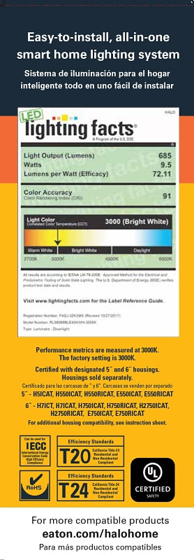 Eaton Cooper Wiring Halo Home Series RL56069BLE40AWHR LED Downlight with Bluetooth Mesh Connectivity, 9.7 W, 120 V