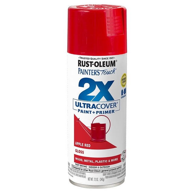Painter's Touch 2X Ultra Cover 334024 Spray Paint, Gloss, Apple Red, 12 oz, Aerosol Can