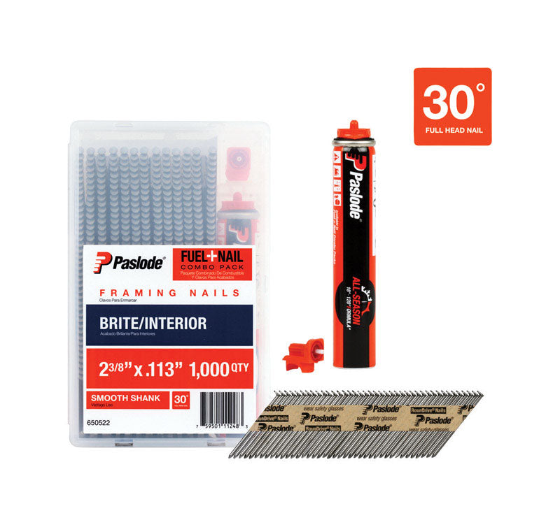 Paslode 650522 Fuel and Nail Combo Pack, 2-3/8 in L, 16 ga Gauge, Steel, Brite, Ring, Smooth Shank