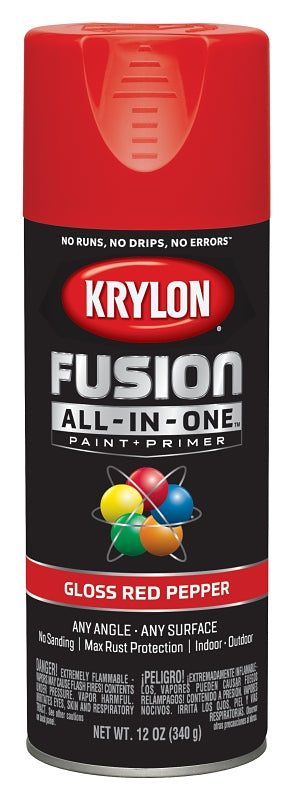 Krylon All-In-One K02720007 Spray Paint, Gloss, Red Pepper, 12 oz Can