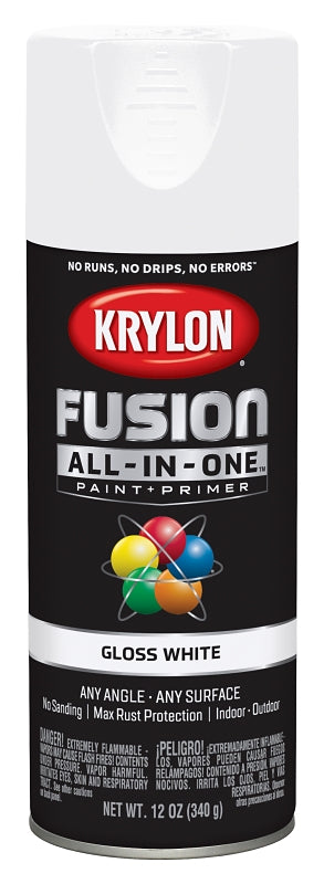 Krylon All-In-One K02727007 Spray Paint, Gloss, White, 12 oz Can
