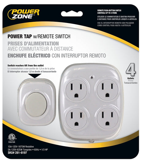 PowerZone ORFSTAP Power Tap with Remote Switch, 15 A, 4-Outlet, White