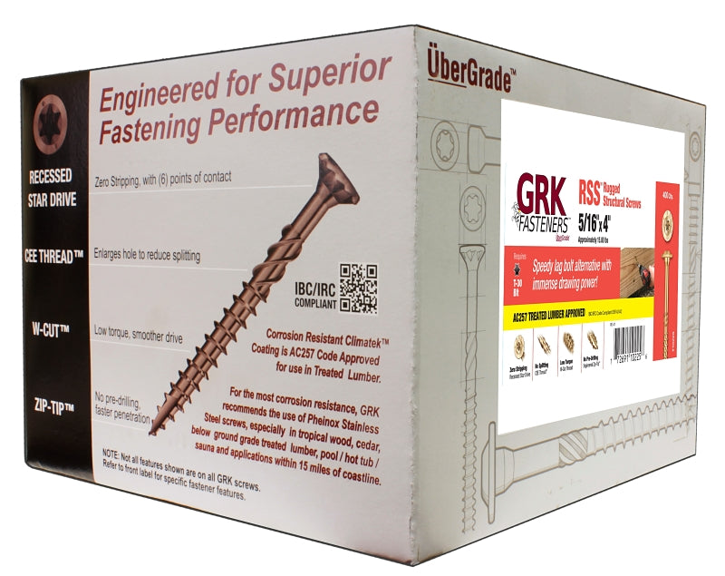 GRK Fasteners RSS 10225 Structural Screw, 5/16 in Thread, 4 in L, Washer Head, Star Drive, Steel, 400 BX