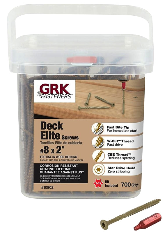 GRK Fasteners DECK ELITE 10802 Deck Screw, #8 Thread, 2 in L, Coarse, W-Cut Thread, Bugle Head, Steel, Polymer, 700/PK