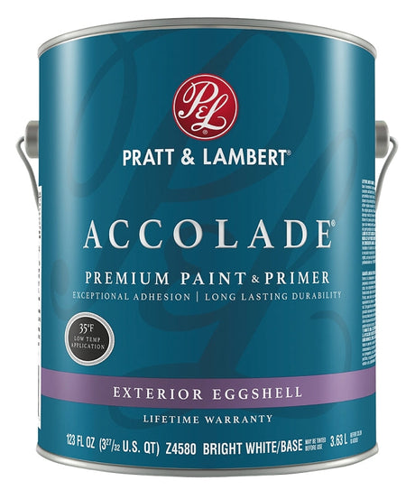 Pratt & Lambert Accolade Z4500 0000Z4580-16 Exterior Premium Paint and Primer, Eggshell, Bright White, 1 gal Pack of 4