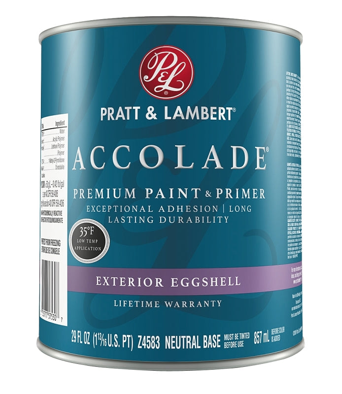 Pratt & Lambert ACCOLADE Z4500 Z4583-44 Exterior Premium Paint and Primer, Eggshell, Neutral Base, 1 qt