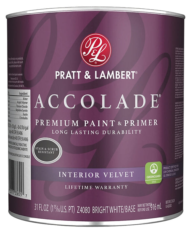 Pratt & Lambert Accolade 0000Z4080-14 Interior Paint, Velvet Sheen, Bright White, 1 qt, Can, 400 sq-ft Coverage Area