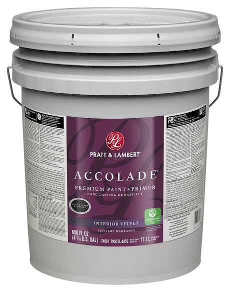 Pratt & Lambert Accolade 0000Z4081-20 Interior Paint, Velvet Sheen, Pastel, 5 gal, Can, 400 sq-ft Coverage Area