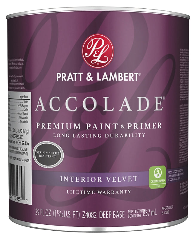 Pratt & Lambert Accolade 0000Z4082-14 Interior Paint, Velvet Sheen, Deep, 1 qt, Can, 400 sq-ft Coverage Area