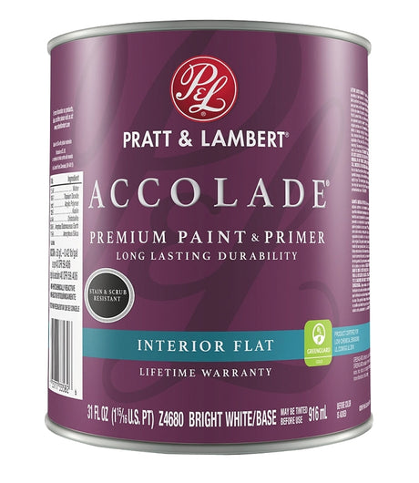 Pratt & Lambert Accolade 0000Z4680-14 Interior Paint, Flat Sheen, Bright White, 31 oz, 400 sq-ft Coverage Area