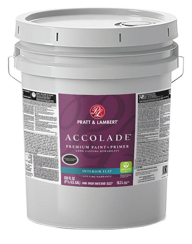 Pratt & Lambert Accolade 0000Z4680-20 Interior Paint, Flat Sheen, Bright White, 5 gal, 400 sq-ft Coverage Area