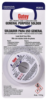 Oatey 53015 Acid Core Wire Solder, 1/4 lb Carded, Solid, Silver, 360 to 460 deg F Melting Point