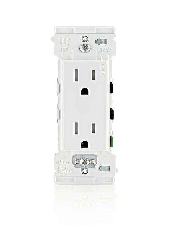 Decora M02-E5325-0MW Grounding Duplex Outlet, 2-Pole, 15 A, 125 VAC, Color-Coded Wiring, NEMA: NEMA 5-15R, White