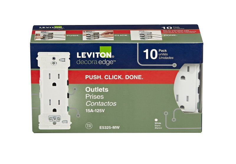 Decora M02-E5325-0MW Grounding Duplex Outlet, 2-Pole, 15 A, 125 VAC, Color-Coded Wiring, NEMA: NEMA 5-15R, White