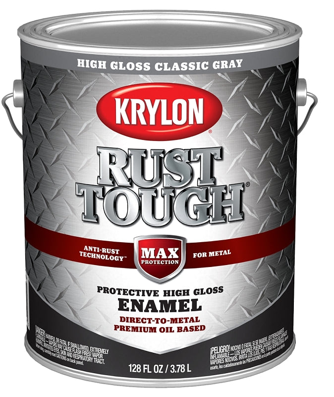 Krylon Rust Tough K09738008 Rust Preventative Paint, Gloss Sheen, Classic Gray, 1 gal, 400 sq-ft/gal Coverage Area, Pack of 4