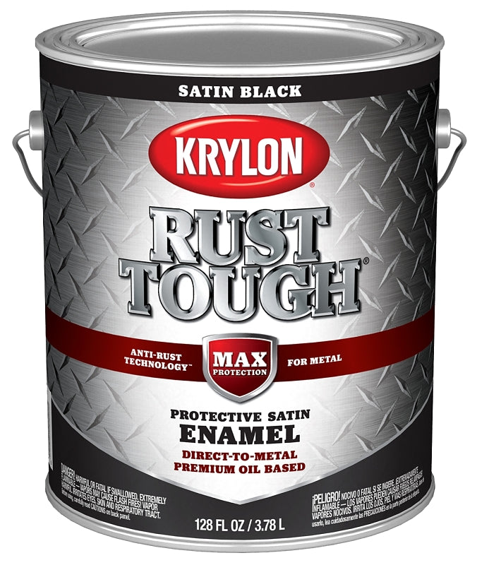 Krylon Rust Tough K09733008 Rust Preventative Paint, Satin Sheen, Black, 1 gal, 400 sq-ft/gal Coverage Area, Pack of 4