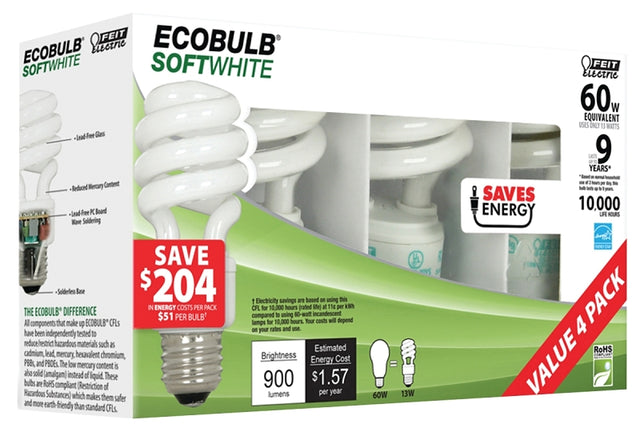 Feit Electric ESL13T/4 Compact Fluorescent Bulb, 13 W, Twist Lamp, E26 Medium Lamp Base, 825 Lumens, 2700 K Color Temp