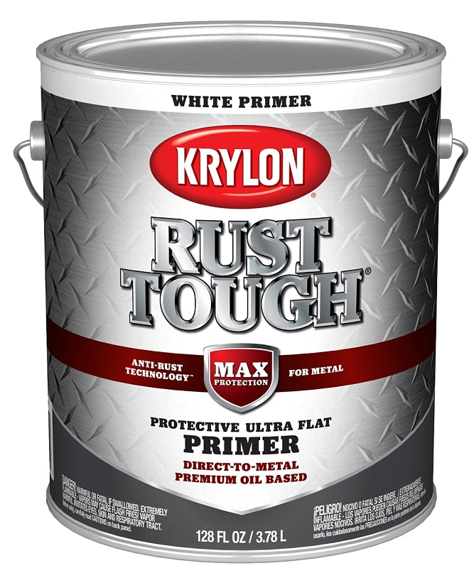 Krylon Rust Tough K09744008 Rust-Preventative Primer, Ultra Flat, White, 1 gal, Pack of 4