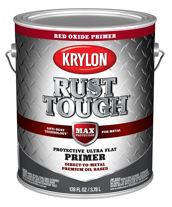 Krylon Rust Tough K09743008 Rust-Preventative Primer, Ultra Flat, Red Oxide/Rusty Metal, 1 gal, Pack of 4