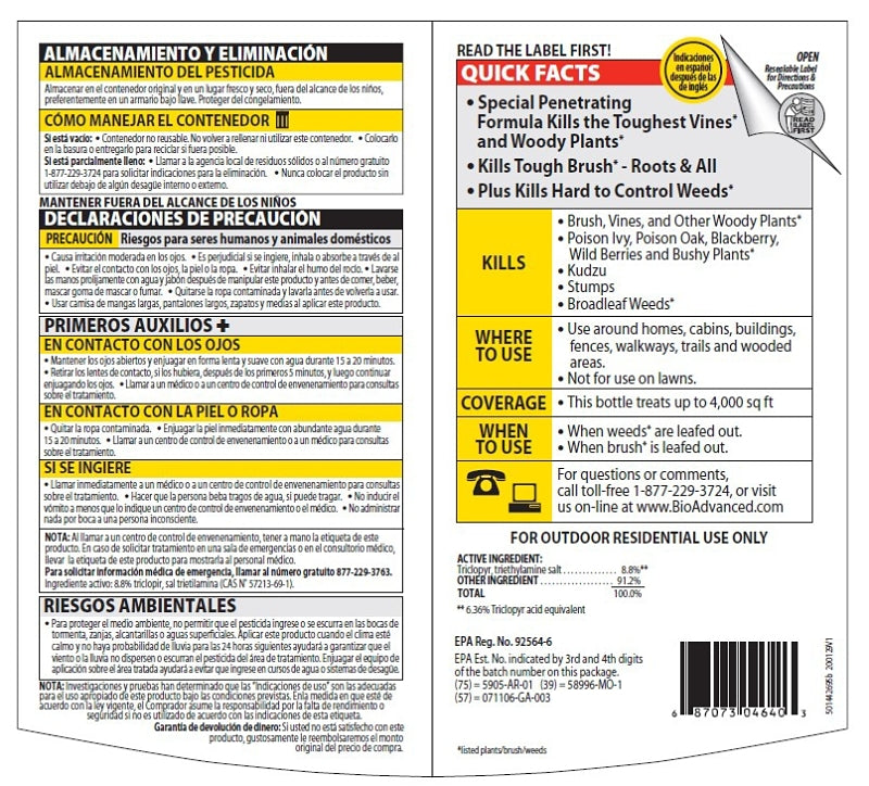 BioAdvanced 704640B Series Brush Killer, Compositions: Triclopyr, Triethylamine Salt, Ethanol, 32 oz Bottle, Liquid