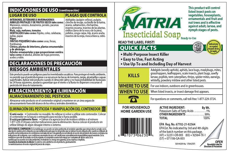 Natria 706230A Insecticidal Soap, Liquid, Spray Application, 24 oz Can